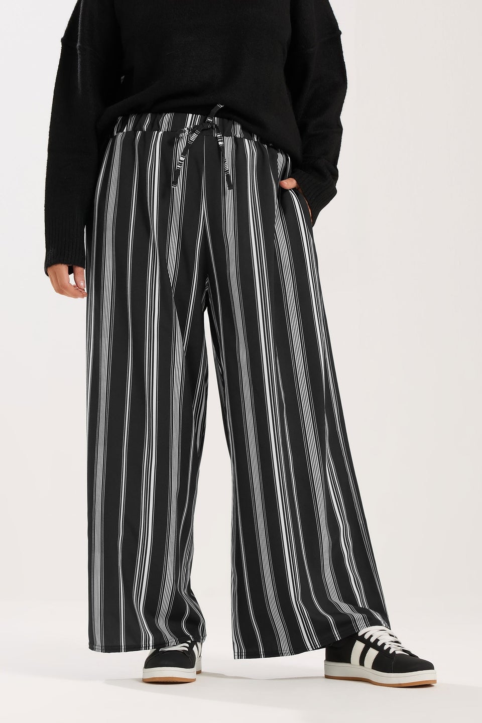 Yours Curve Black & White Stripe Wide Leg Trousers
