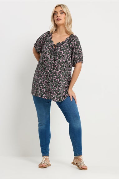 Yours Curve Pink Textured Ditsy Floral Print Top