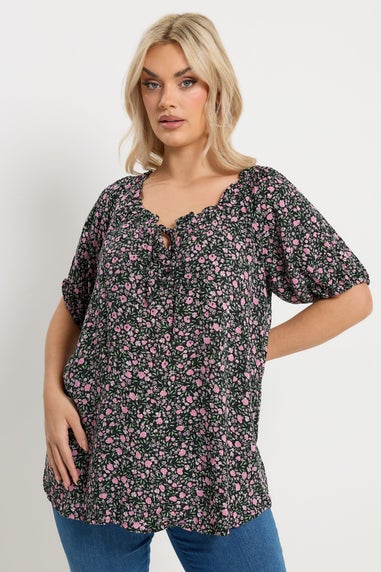 Yours Curve Pink Textured Ditsy Floral Print Top