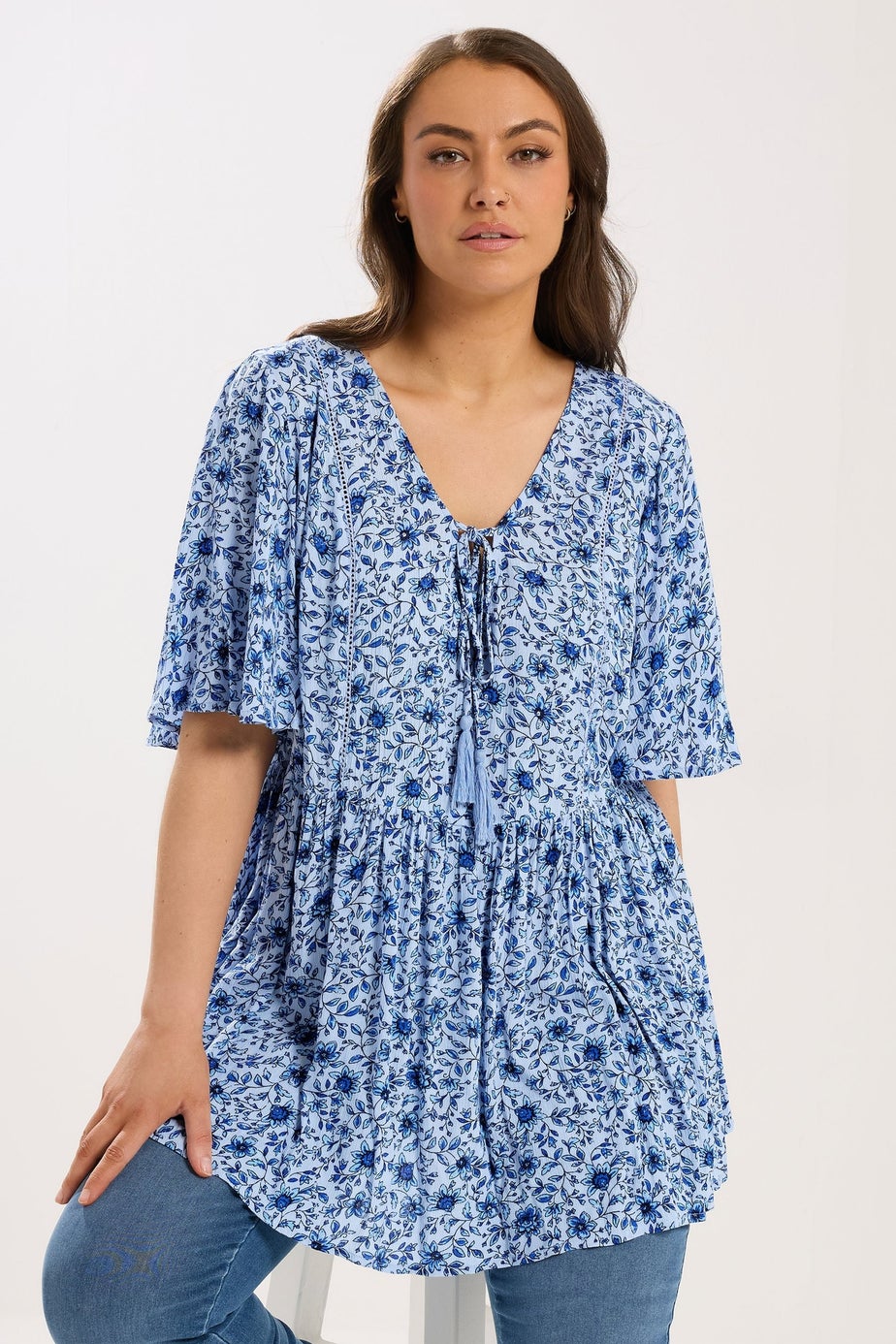 Yours Curve Blue Floral Embellished Tie Neck Top