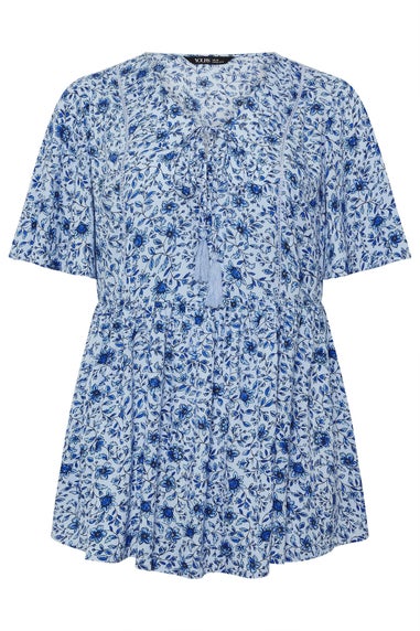 Yours Curve Blue Floral Embellished Tie Neck Top