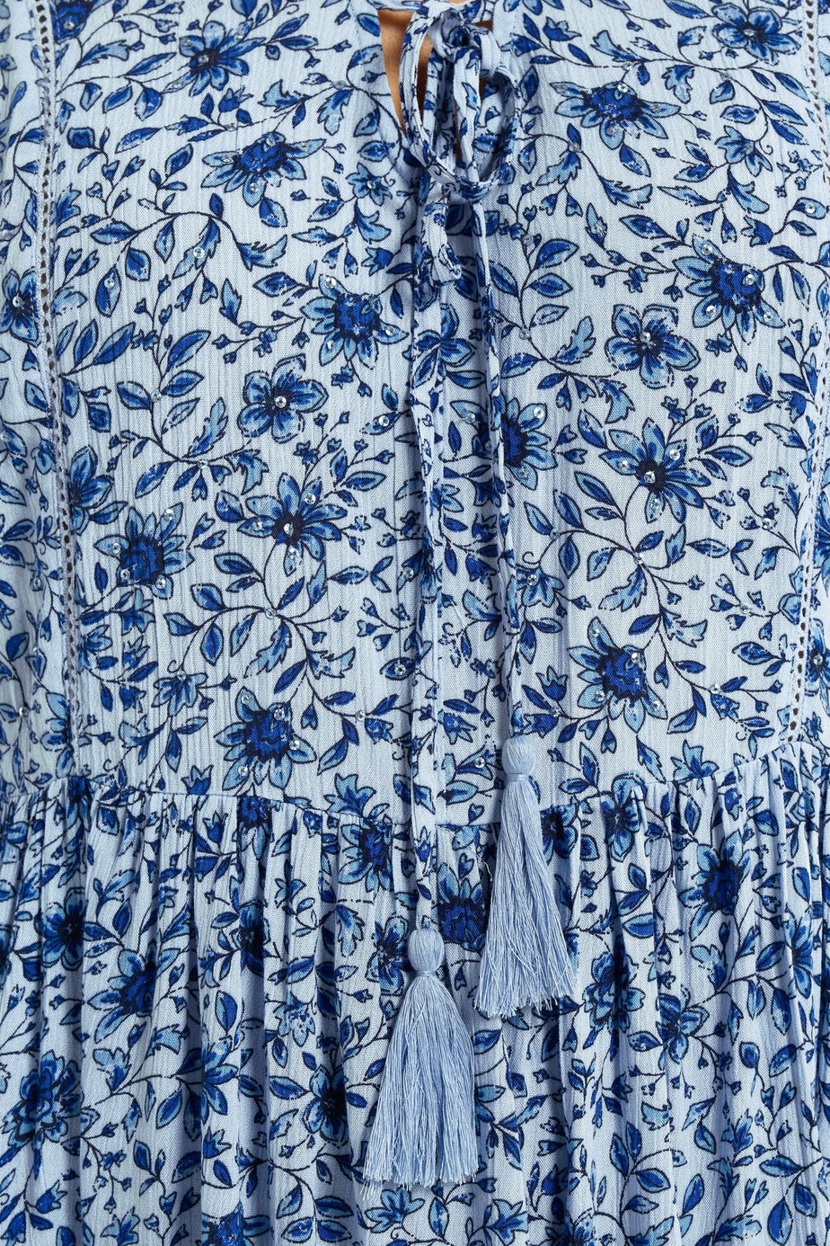 Yours Curve Blue Floral Embellished Tie Neck Top