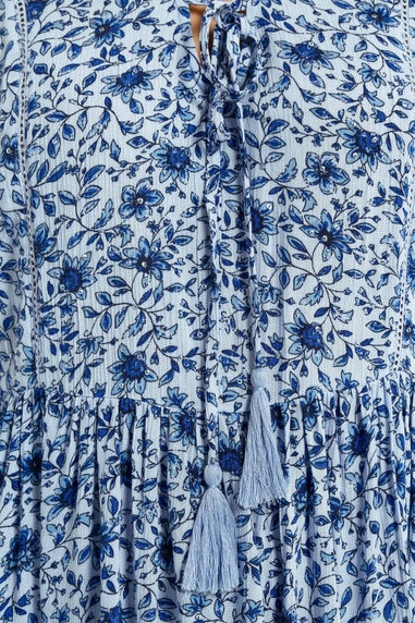 Yours Curve Blue Floral Embellished Tie Neck Top