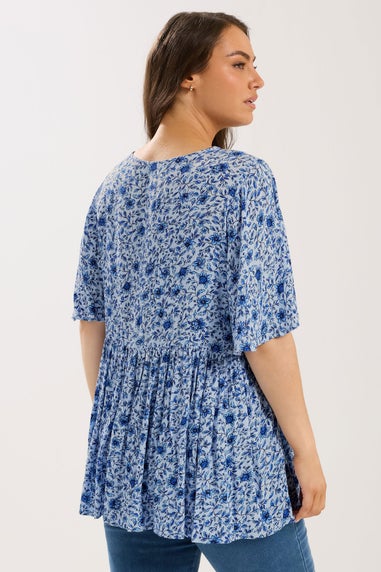Yours Curve Blue Floral Embellished Tie Neck Top