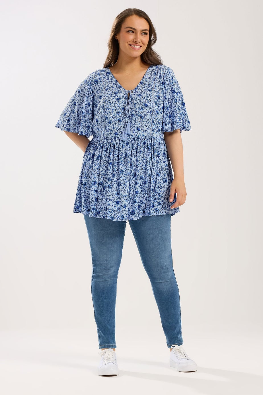 Yours Curve Blue Floral Embellished Tie Neck Top