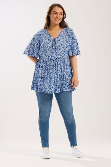 Yours Curve Blue Floral Embellished Tie Neck Top