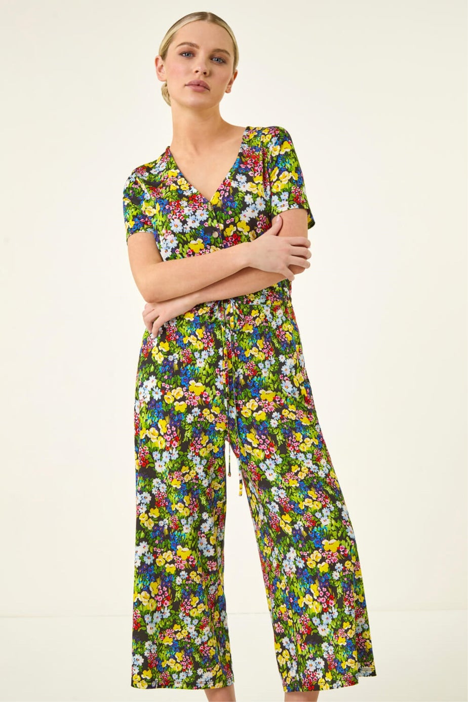Roman Black Petite Floral Button Front Jumpsuit