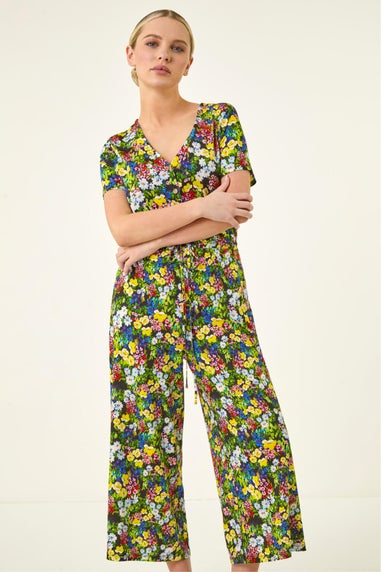 Roman Black Petite Floral Button Front Jumpsuit