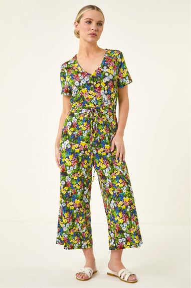 Roman Black Petite Floral Button Front Jumpsuit