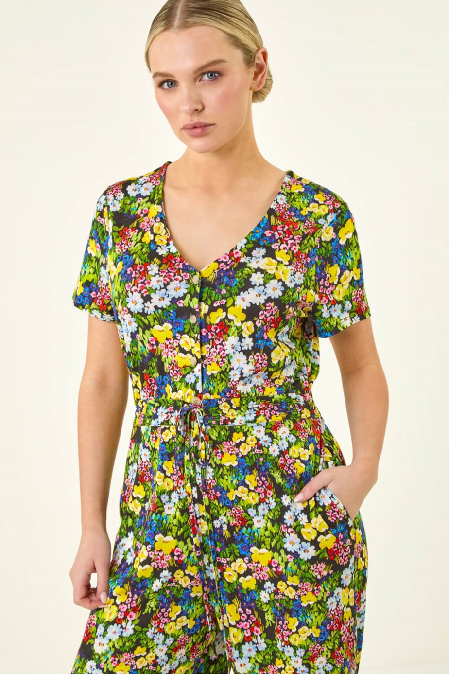 Roman Black Petite Floral Button Front Jumpsuit