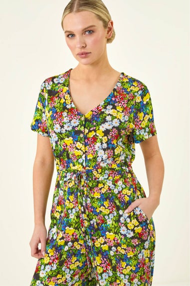 Roman Black Petite Floral Button Front Jumpsuit