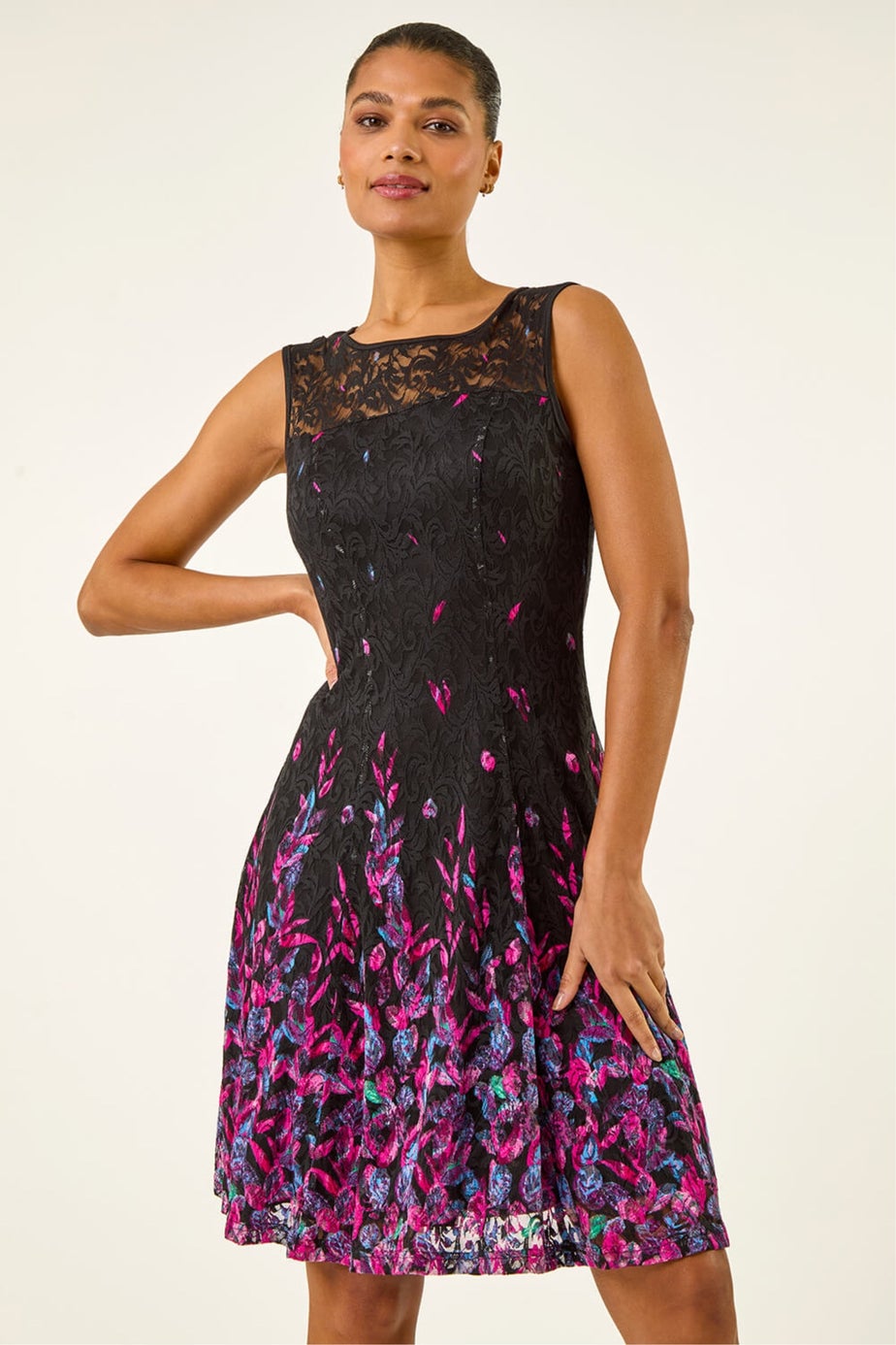 Roman Pink Leaf Print Lace Stretch Dress