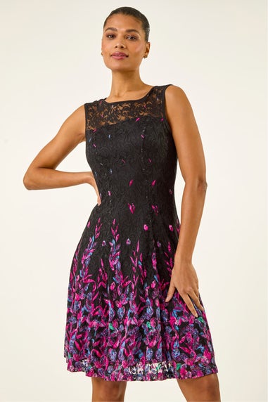 Roman Pink Leaf Print Lace Stretch Dress