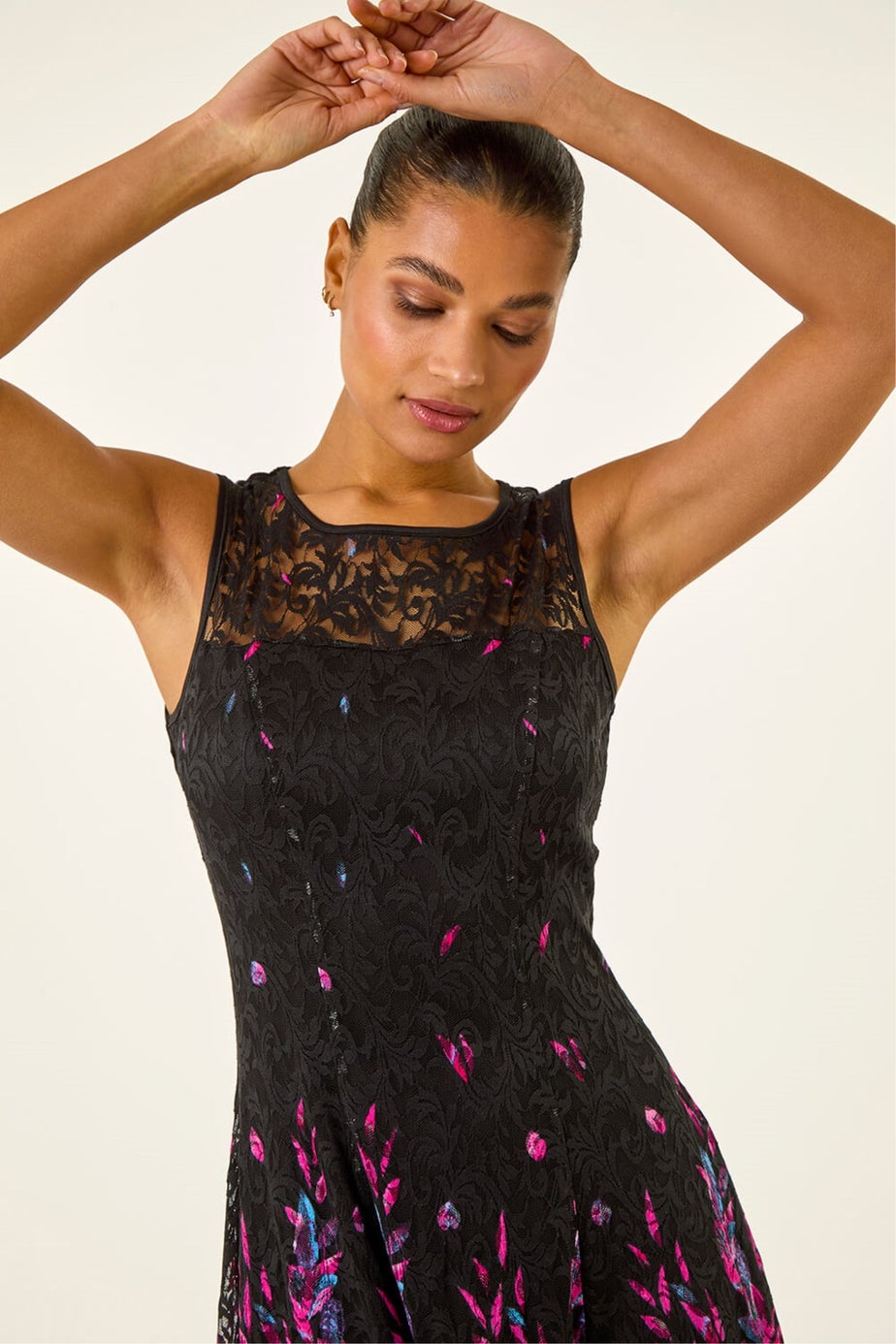 Roman Pink Leaf Print Lace Stretch Dress