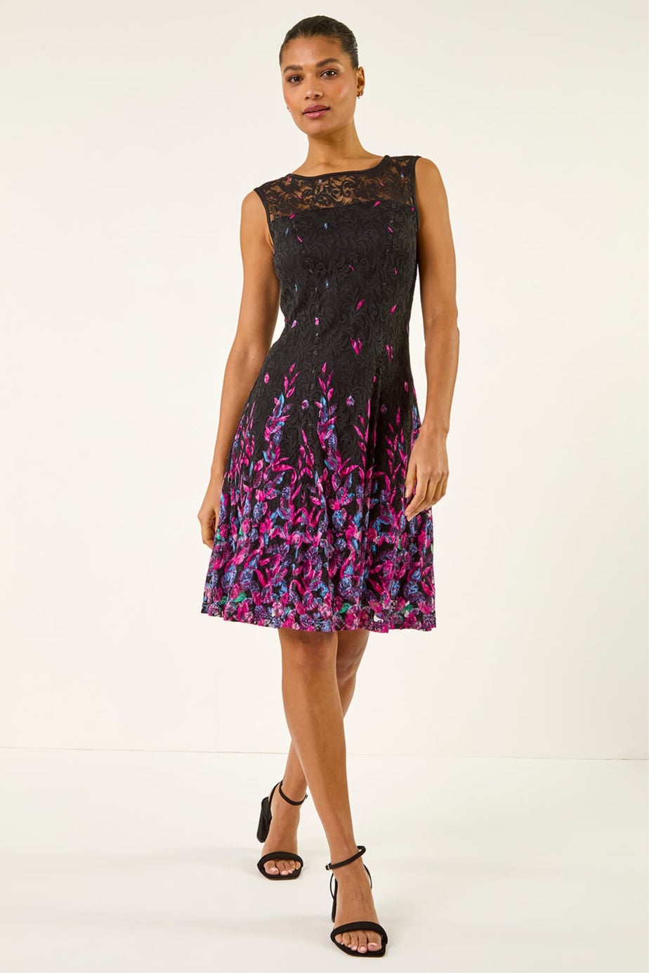 Roman Pink Leaf Print Lace Stretch Dress