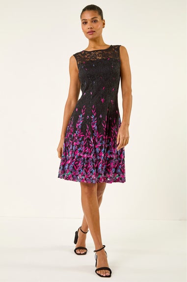 Roman Pink Leaf Print Lace Stretch Dress