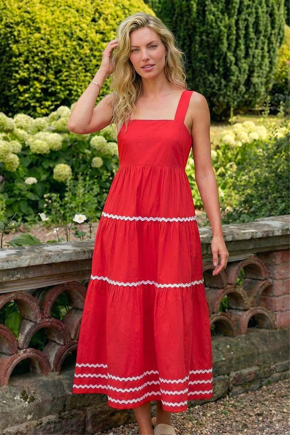 Roman Coral Ric Rac Tiered Midi Dress