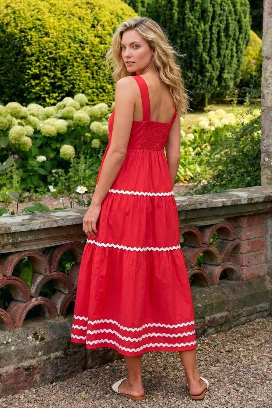 Roman Coral Ric Rac Tiered Midi Dress