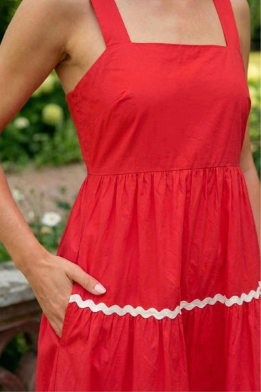 Roman Coral Ric Rac Tiered Midi Dress