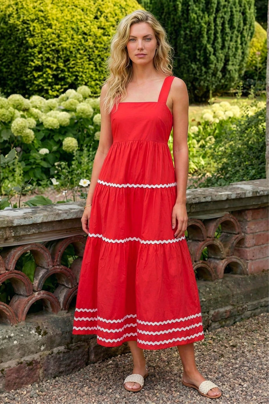 Roman Coral Ric Rac Tiered Midi Dress
