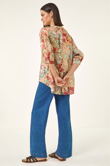 Roman Orange Paisley Print V-Neck Blouse