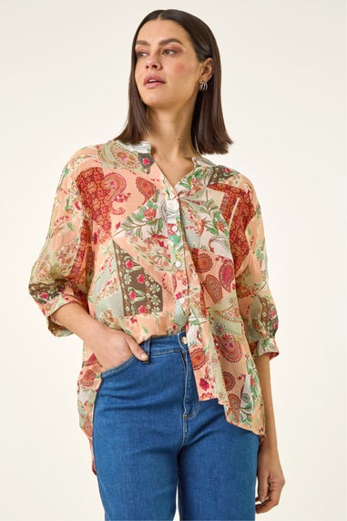 Roman Orange Paisley Print V-Neck Blouse