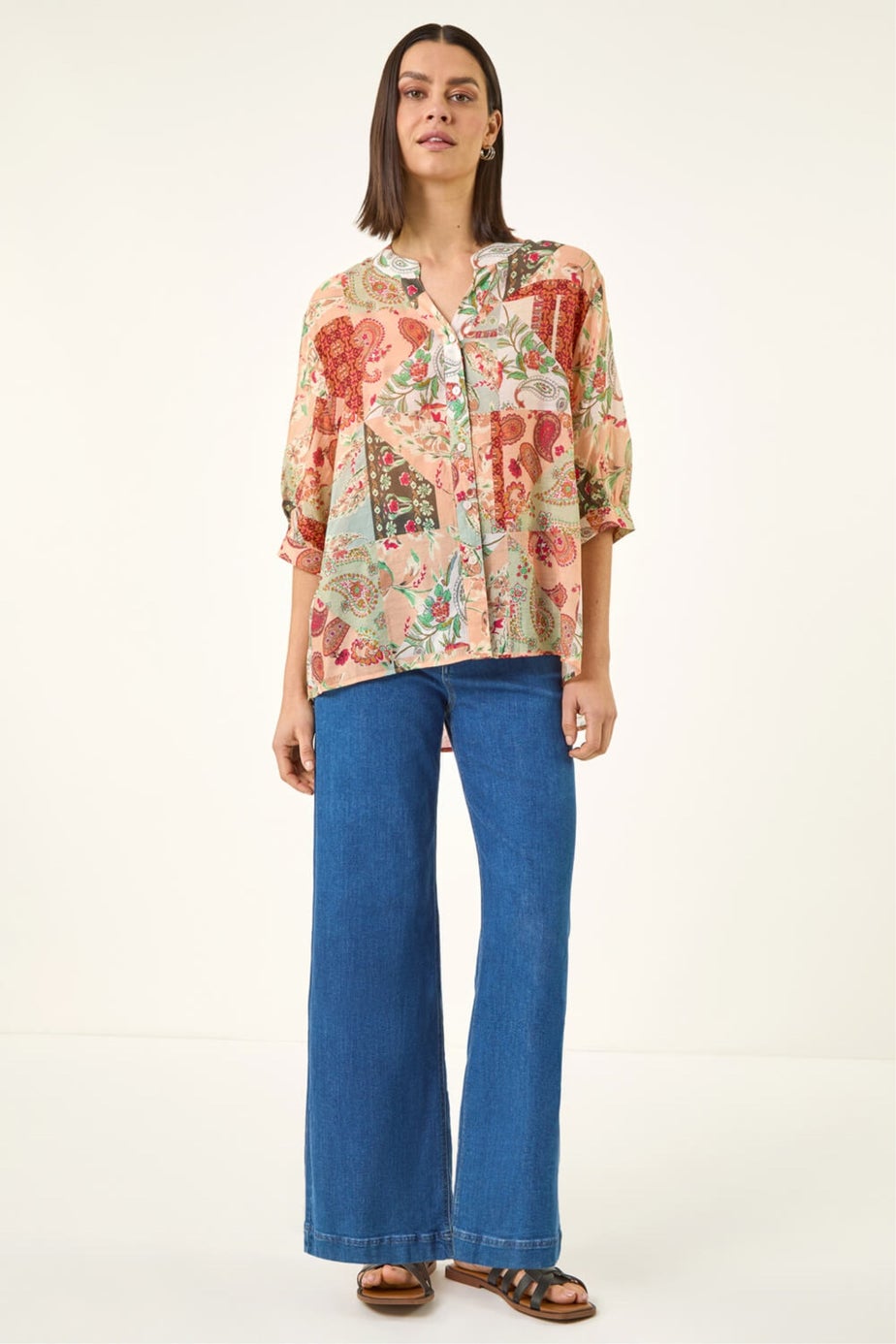 Roman Orange Paisley Print V-Neck Blouse