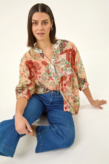 Roman Orange Paisley Print V-Neck Blouse