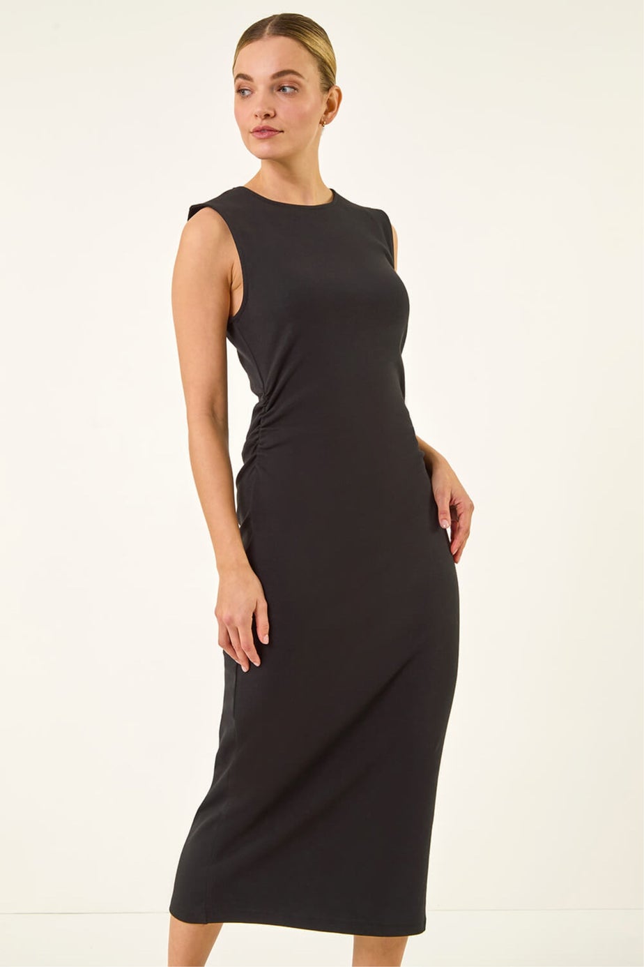 Dusk Black Gathered Waist Midi Dress