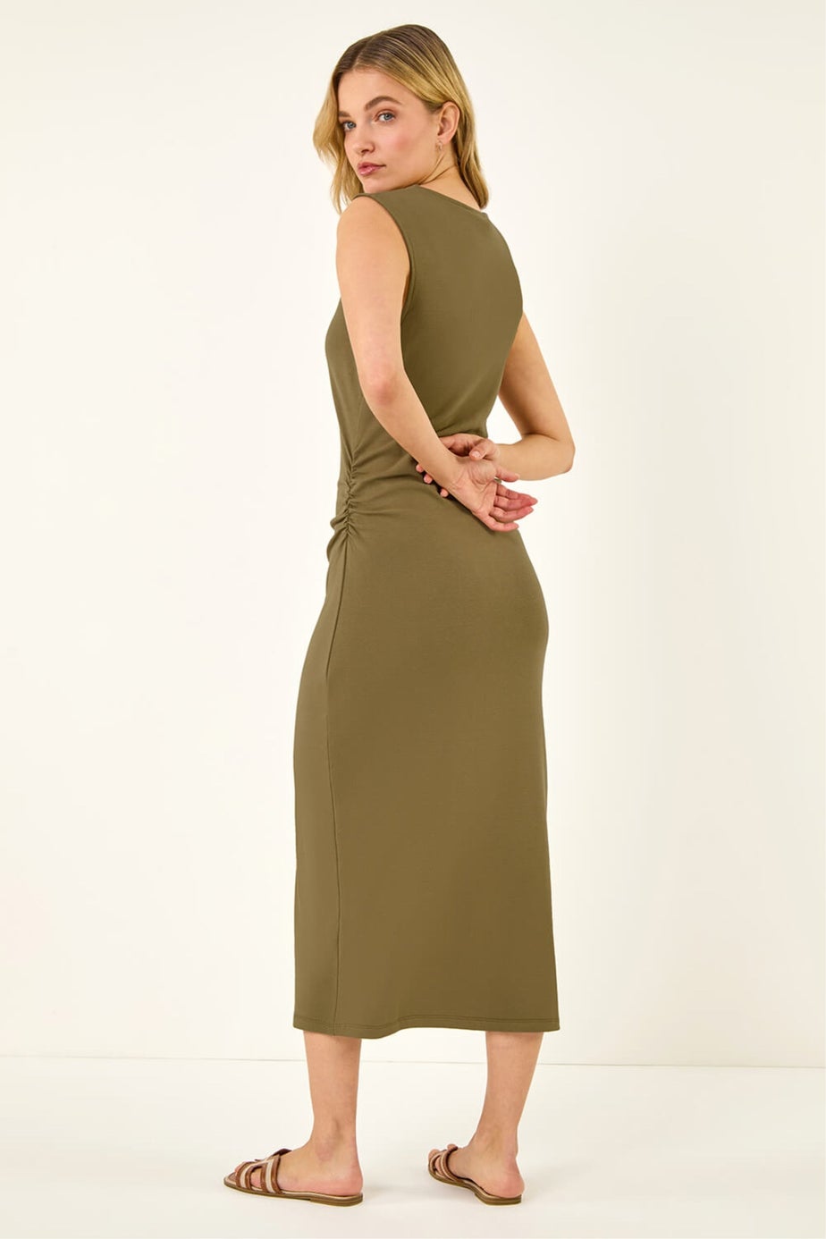Dusk Khaki Gathered Waist Midi Dress