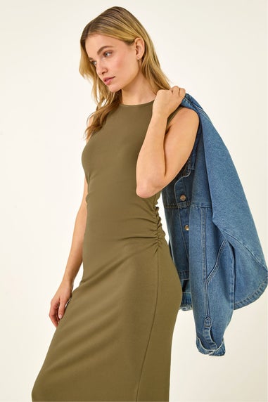 Dusk Khaki Gathered Waist Midi Dress
