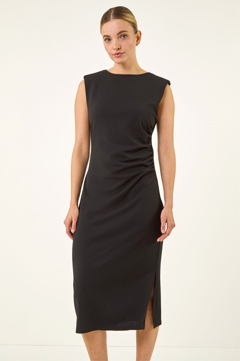 Roman Black Stretch Fitted Midi Dress