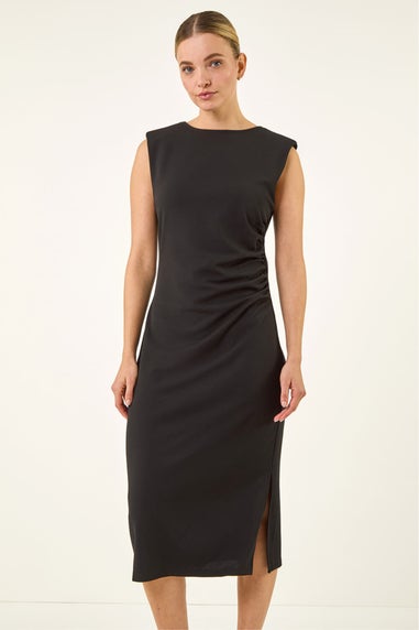 Roman Black Stretch Fitted Midi Dress