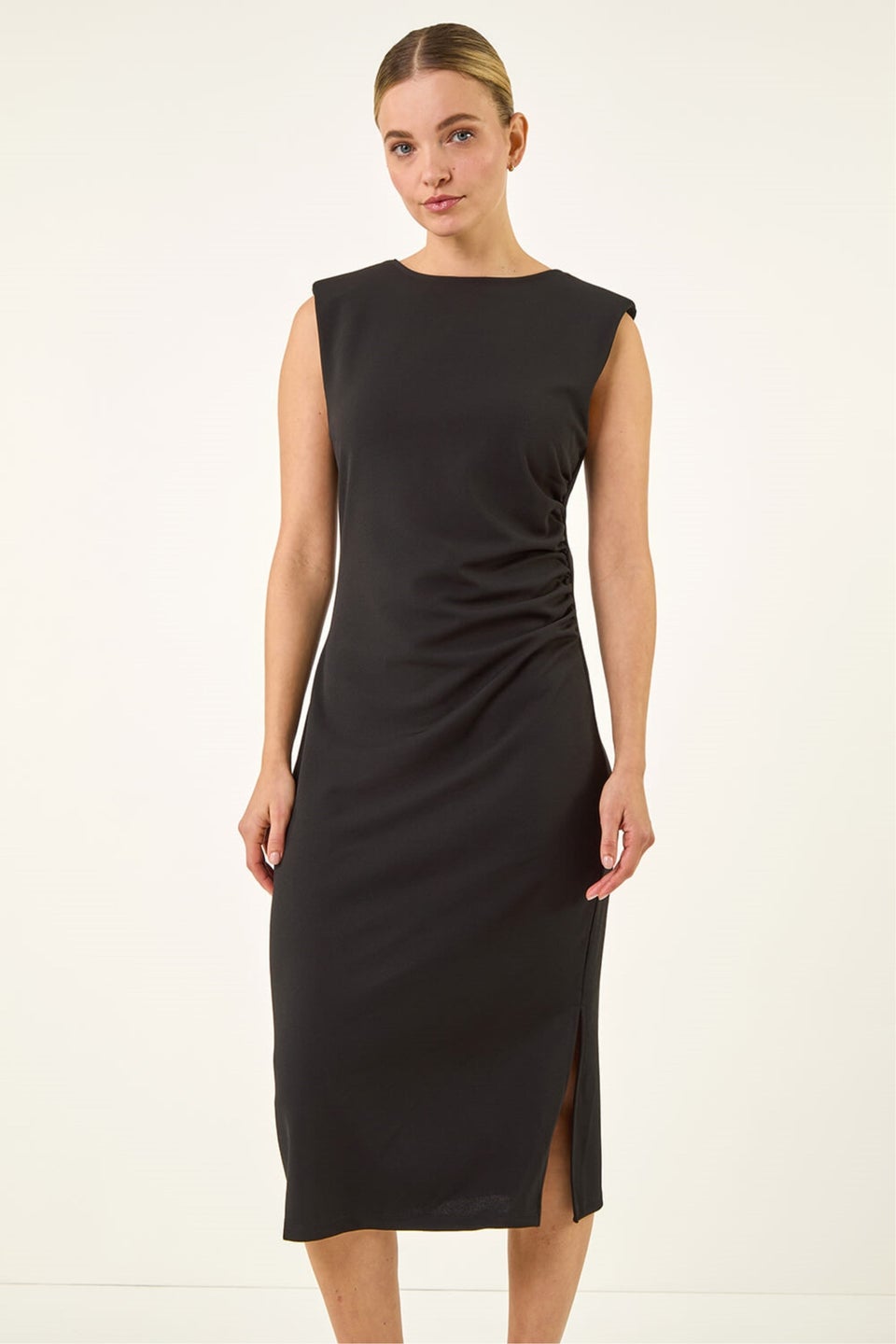 Roman Black Stretch Fitted Midi Dress