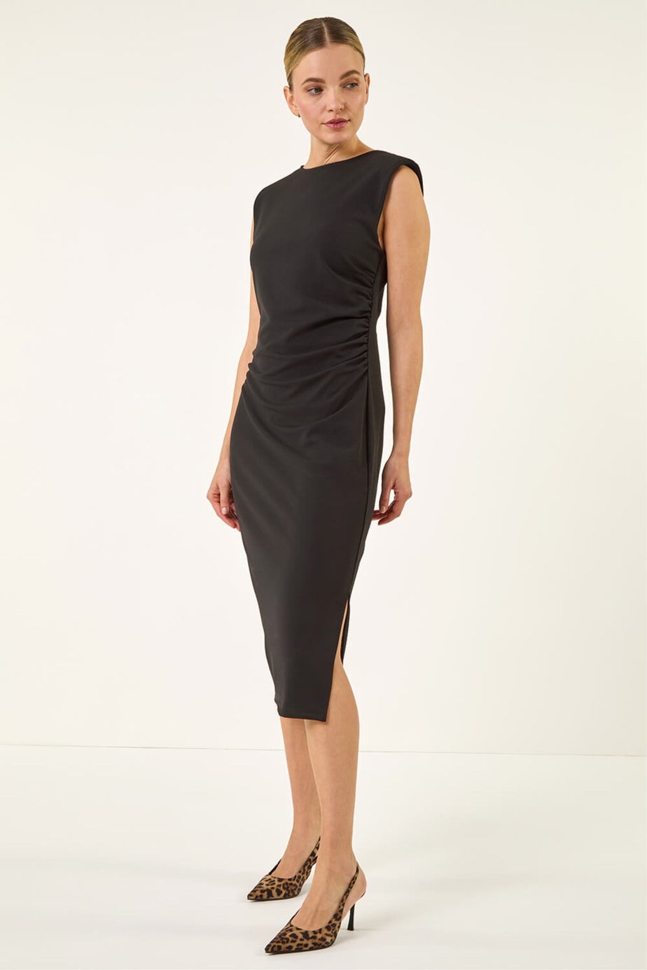Roman Black Stretch Fitted Midi Dress