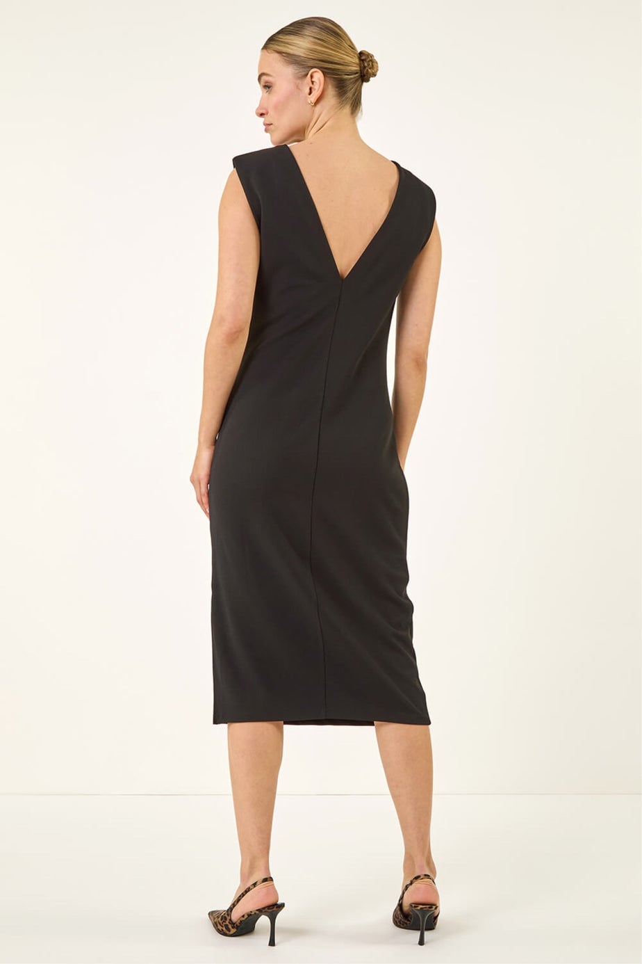 Roman Black Stretch Fitted Midi Dress