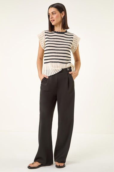 Roman Black Pleated Wide Leg Buttoned Trouser