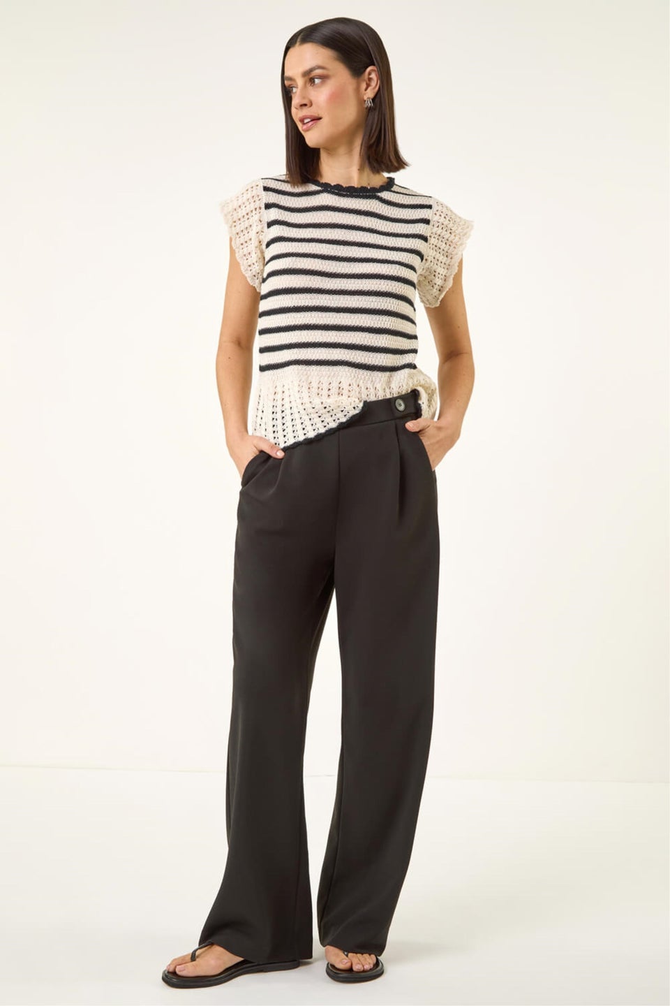 Roman Black Pleated Wide Leg Buttoned Trouser