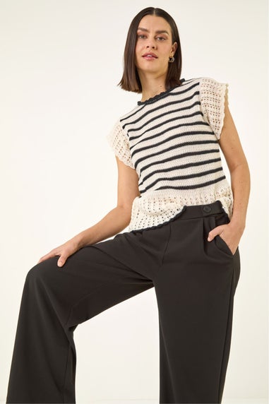 Roman Black Pleated Wide Leg Buttoned Trouser