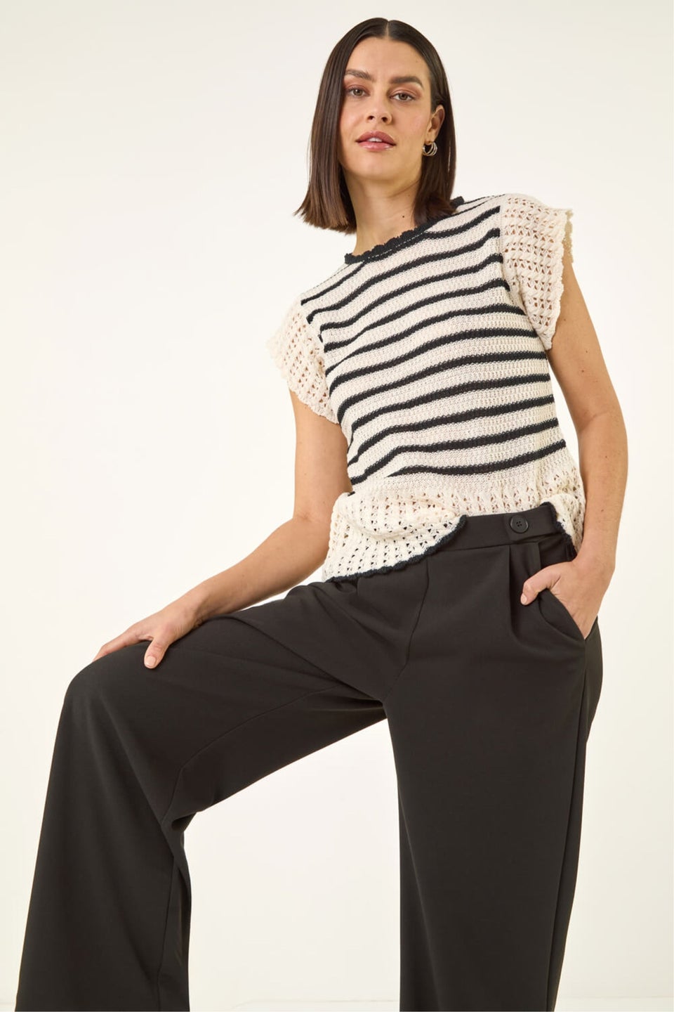 Roman Black Pleated Wide Leg Buttoned Trouser