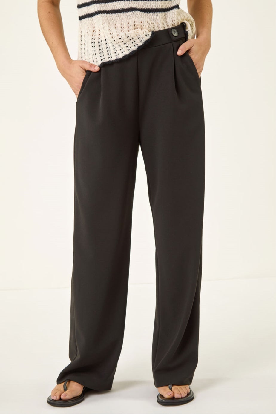 Roman Black Pleated Wide Leg Buttoned Trouser