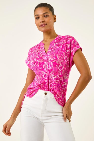 Roman Pink Floral Print V-Neck Top