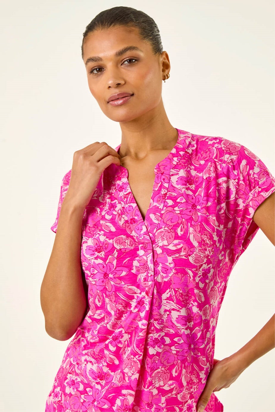 Roman Pink Floral Print V-Neck Top