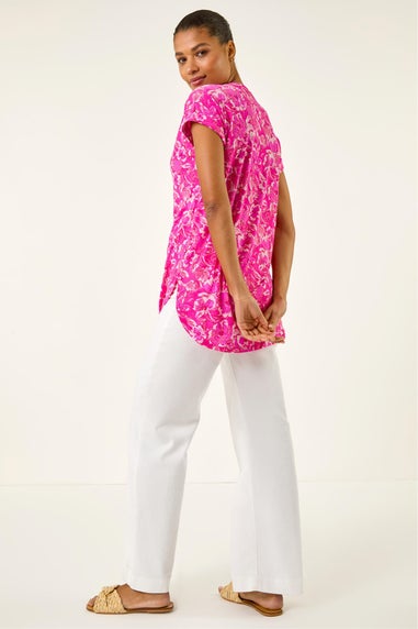Roman Pink Floral Print V-Neck Top