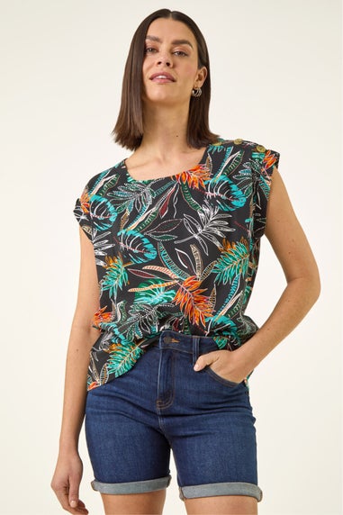 Roman Black Palm Print Shell Top