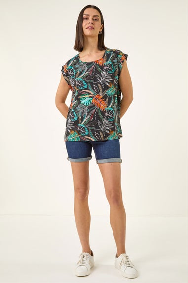 Roman Black Palm Print Shell Top
