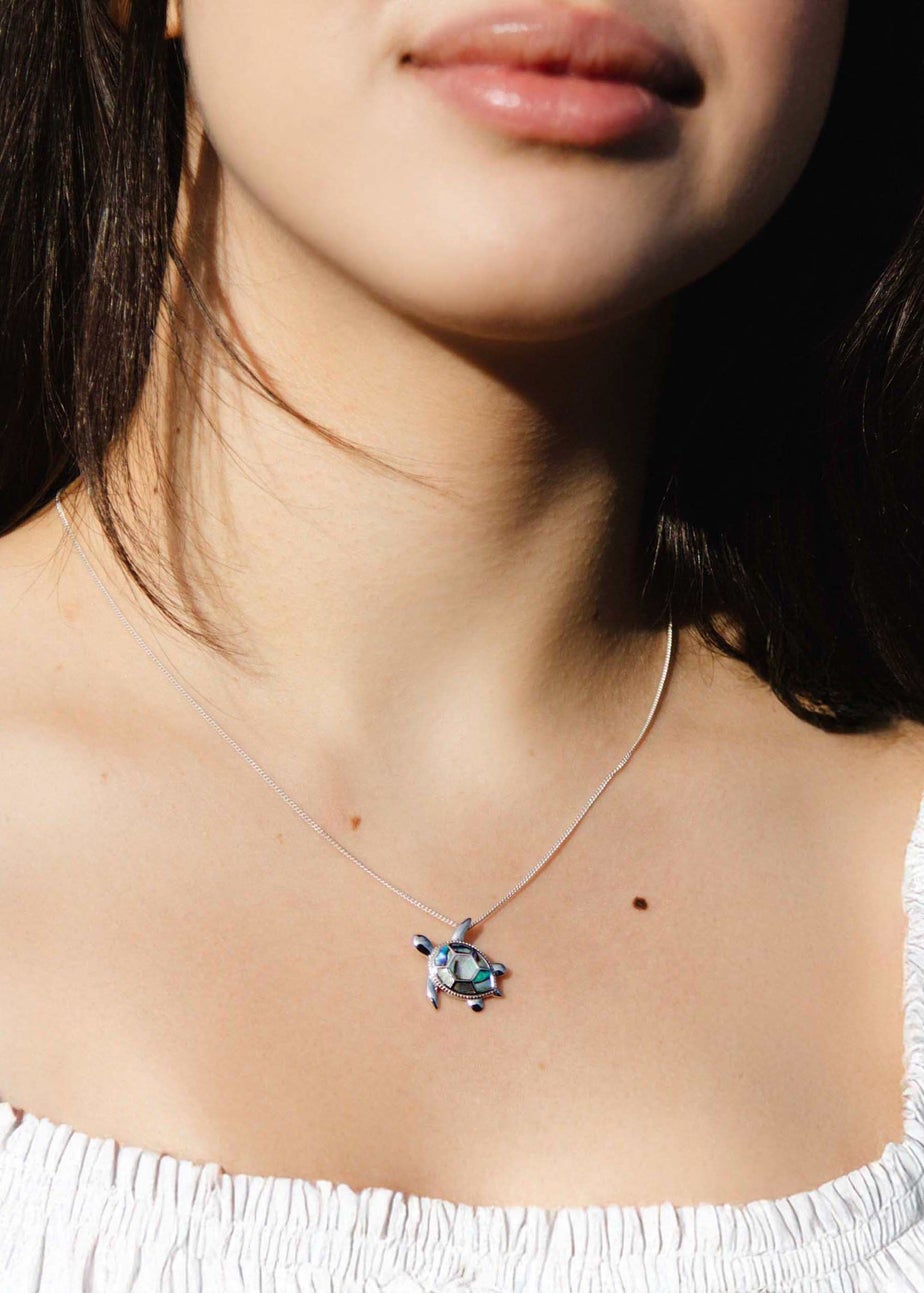 Golden Moments Sterling Silver Rhodium Plated Paua Shell Turtle Pendant on Chain
