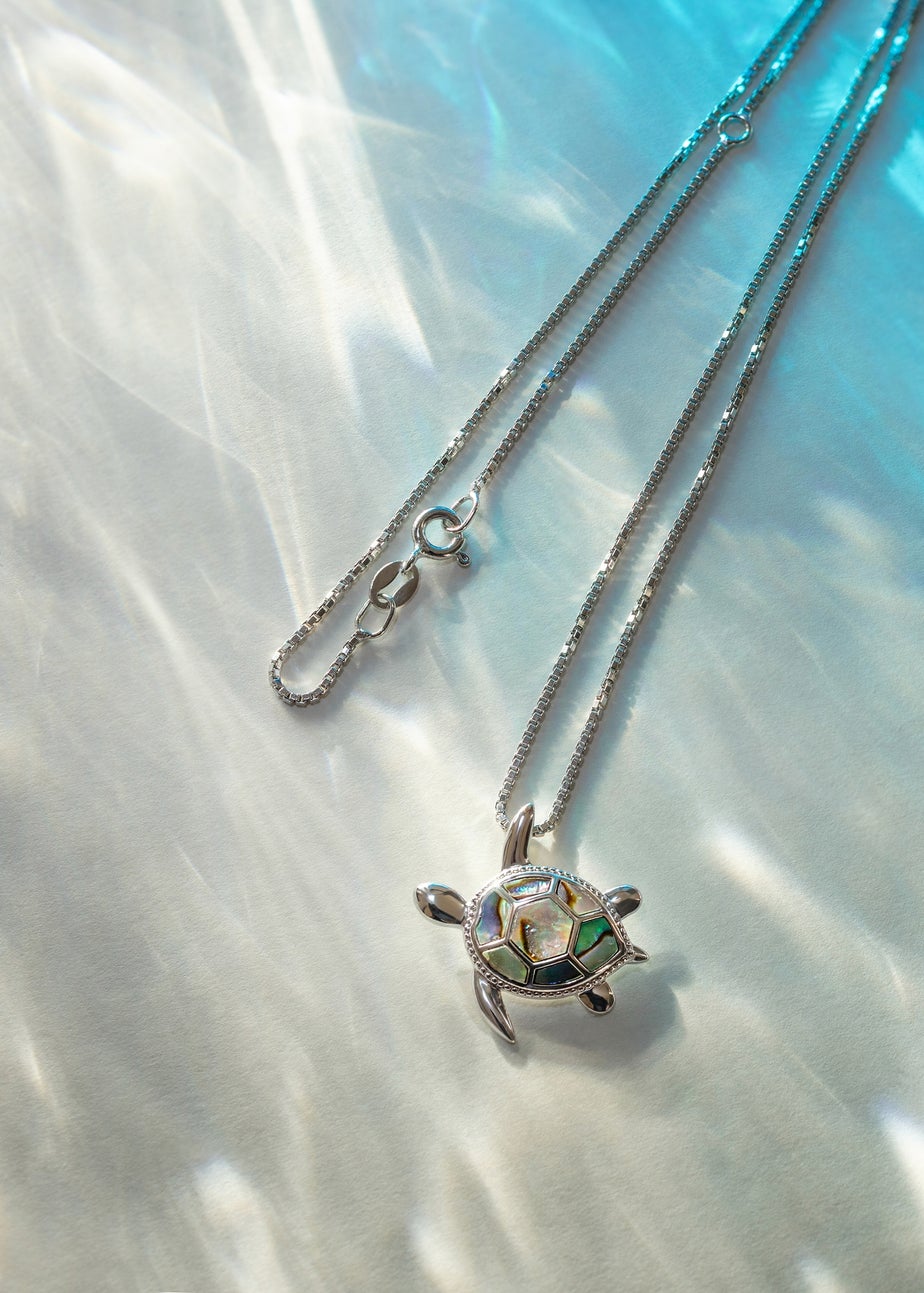 Golden Moments Sterling Silver Rhodium Plated Paua Shell Turtle Pendant on Chain