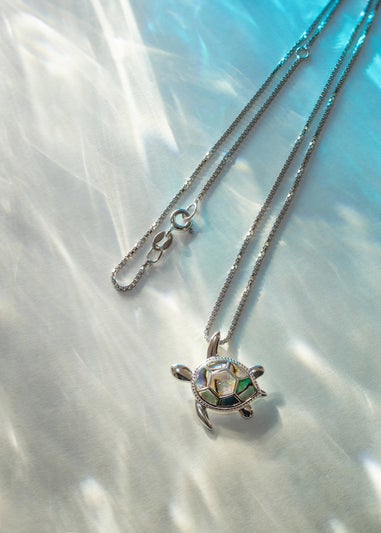 Golden Moments Sterling Silver Rhodium Plated Paua Shell Turtle Pendant on Chain