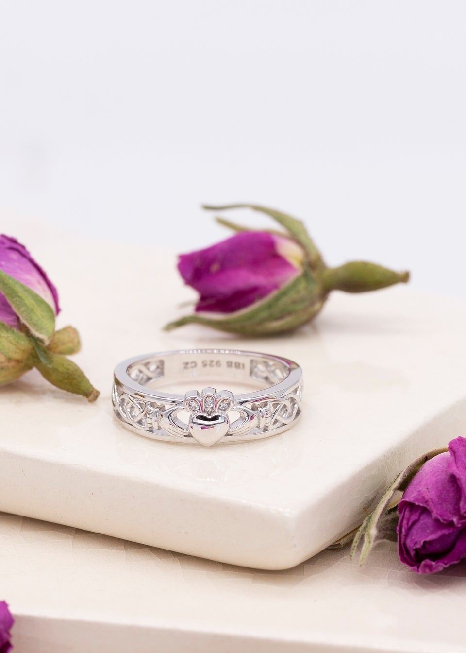 Golden Moments Sterling Silver Rhodium Plated CZ Claddagh Band Ring